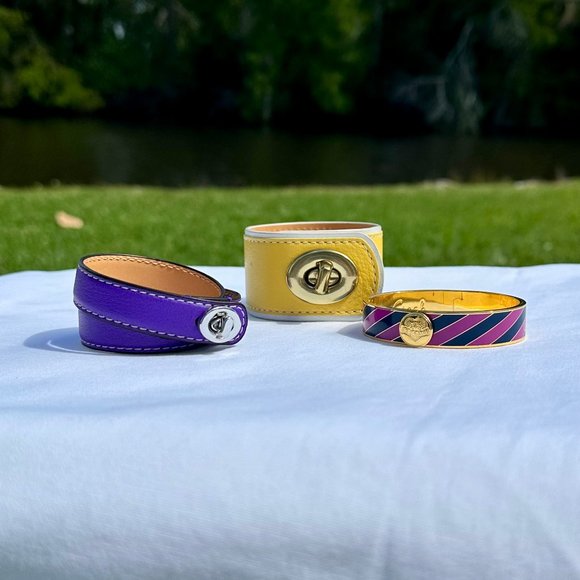 NEW Lot 3 COACH Bracelets Purple Leather Double Wrap, Yellow Cuff, Purple Enamel - Picture 1 of 14